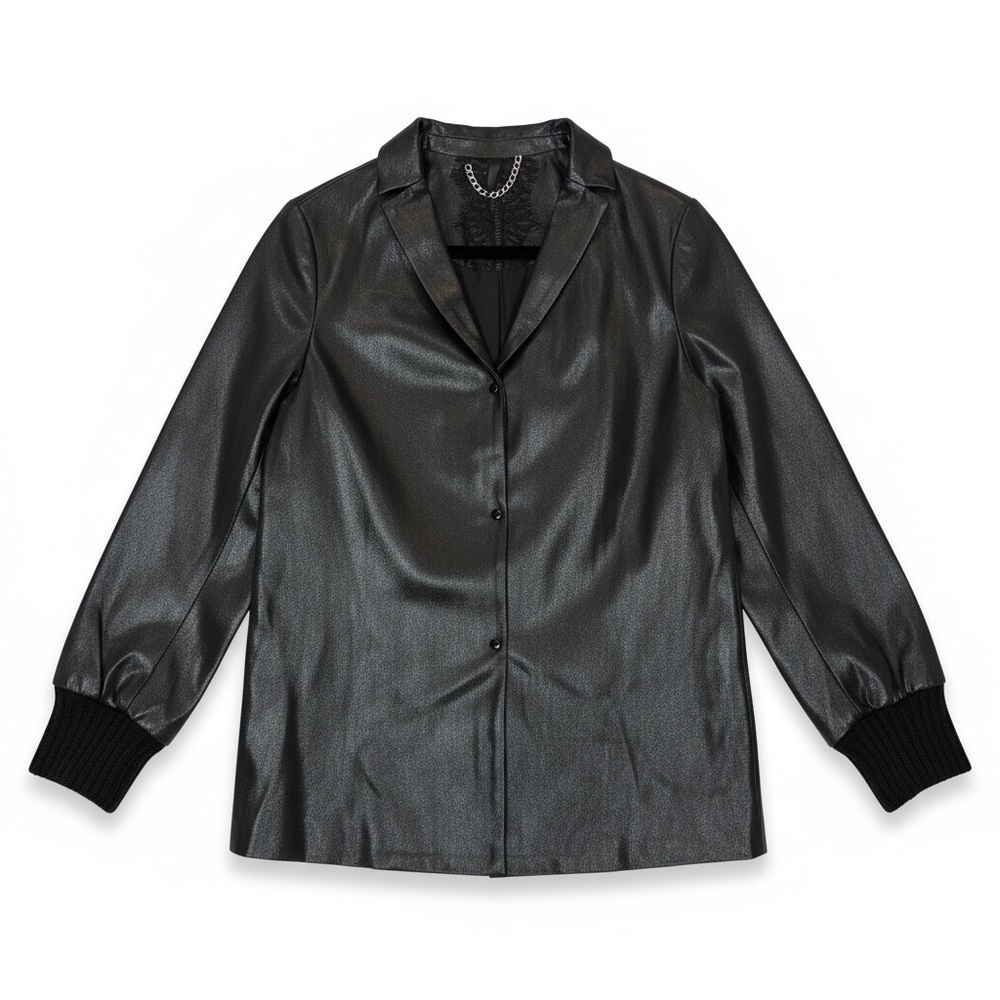 Poleci Black Glazed Leather Look Jacket NWT Size 4 Coated Cotton Snap Front